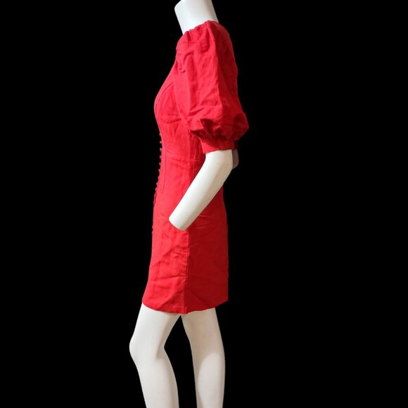 Bardot Talullah Linen Blend Minidress Puff Sleeves Button Accents Plunge Neck - Picture 2 of 7